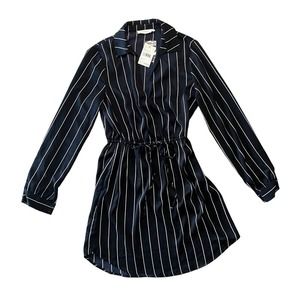 Lush Women's Navy Long Sleeve V Neck Pin Stripe Satin Mini Dress Size Small